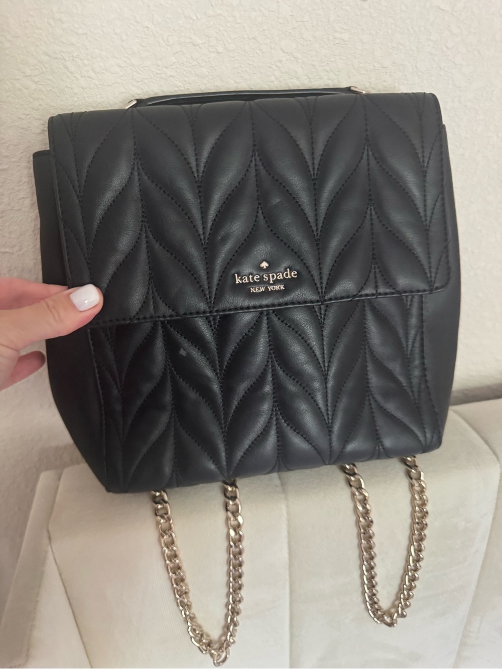 kate spade Black Quilted Leather Backpack with Gold Chain Straps and Logo